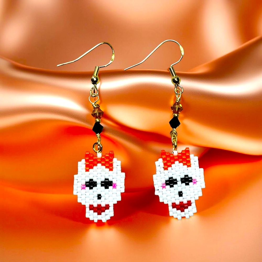 Whimsical Hand Crafted Beaded Skull Earrings with Orange Bow & Crystal
